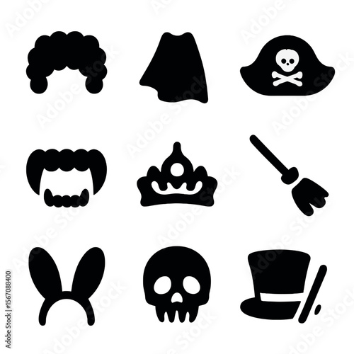 Party Costume Icons. Solid, filled icon set of party costumes: clown wig, superhero cape, pirate hat, vampire teeth, princess