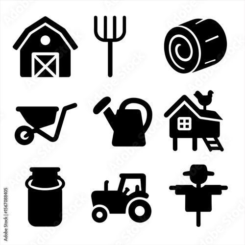 Farm Life Icons. Solid, filled icons set of family farm life and traditional agricultural practices: barn,