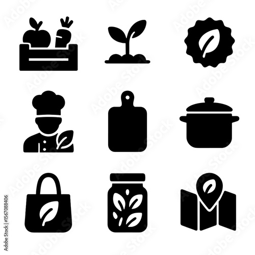 Farm-to-Table Icons. Solid, filled icons set of farm-to-table cooking: fresh produce crate, garden icon,