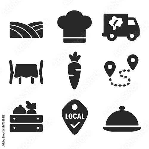 Farm-to-Table Icons. Solid, filled icons set of farm-to-table supply: field icon, chef hat, produce truck,