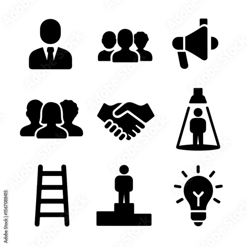 Inclusive Leadership Icons. Solid, filled icon set of inclusive leadership: leader, group, megaphone, diversity, handshake,