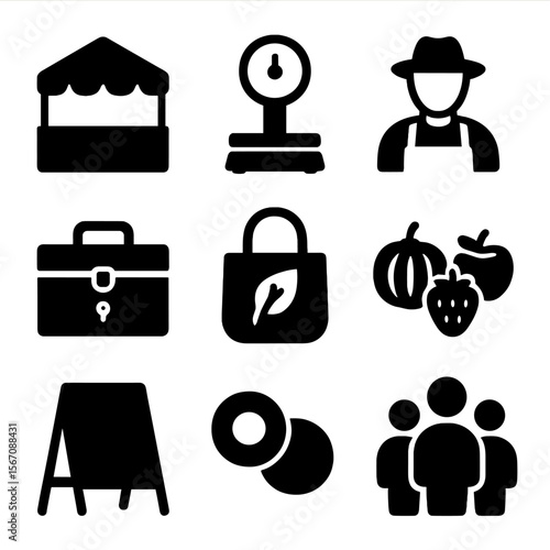 Farmers Market Icons. Solid, filled icons set of farmers market logistics: tent booth, produce scale, local