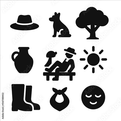 Farmer's Tranquil Break. Solid, filled icons set of a farmer and his dog taking a break under the shade of a