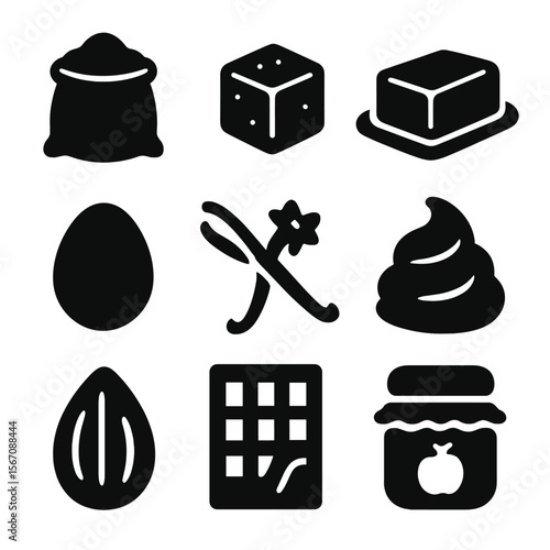 Pastry Ingredient Icons. Solid, filled icon set of pastry ingredients: flour sack, sugar cube, butter block, egg, vanilla pod,