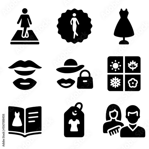 Fashion Icons Grid. Solid, filled icons set of trendsetting fashion elements: catwalk icon, fashion week badge