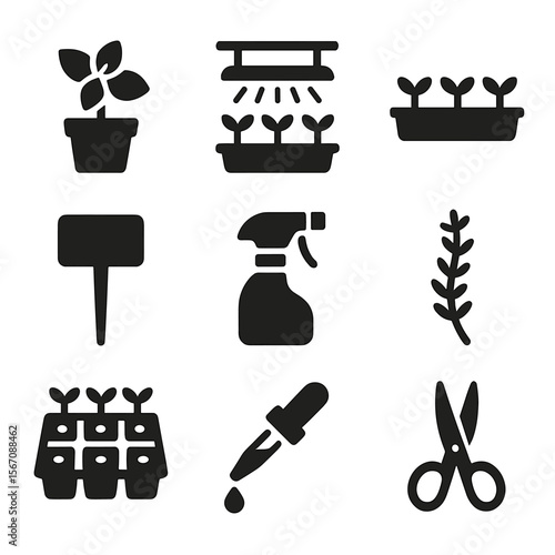 Indoor Herb Farming Icons. Solid, filled icon set of indoor herb farming: basil pot, grow light, windowsill tray, plant marker,