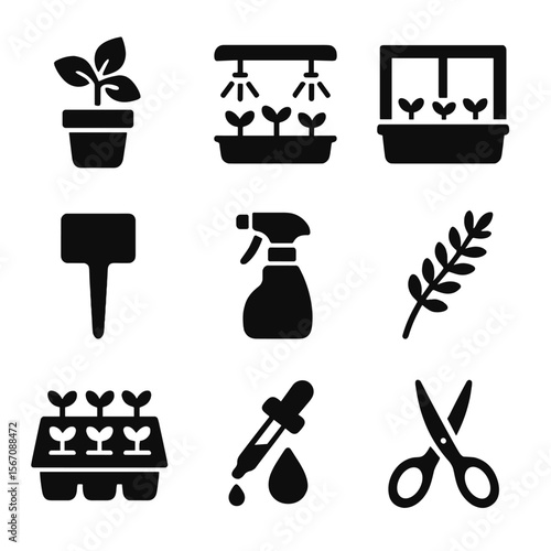 Indoor Herb Farming Icons. Solid, filled icon set of indoor herb farming: basil pot, grow light, windowsill tray, plant marker,