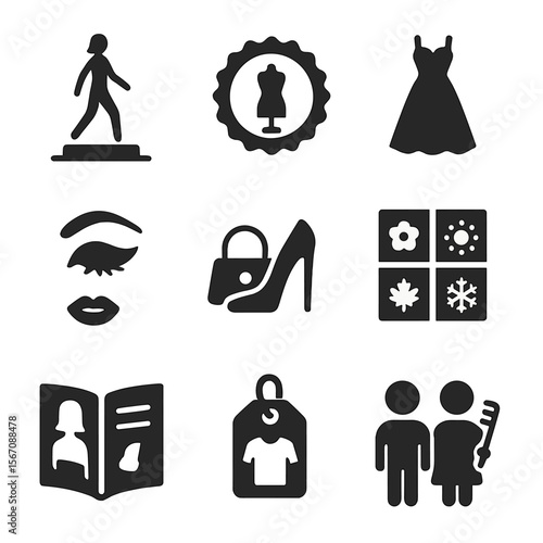 Fashion Icons Grid. Solid, filled icons set of trendsetting fashion elements: catwalk icon, fashion week badge