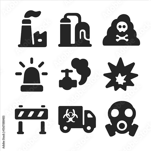 Industrial Hazard Icons. Solid, filled icon set of industrial chemical hazards: factory chimney, chemical plant, toxic waste pile,