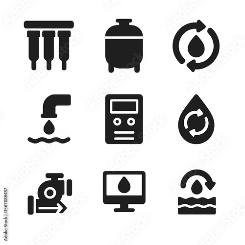 Industrial Water Reuse Icons. Solid, filled icon set of industrial water reuse systems: filtration unit, storage tank, water