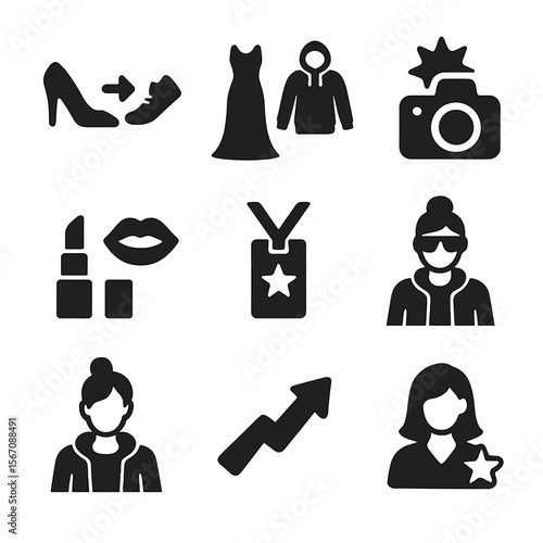 Fashion Icon Transformations. Solid, filled icons set of red carpet to street style transformations: heels to