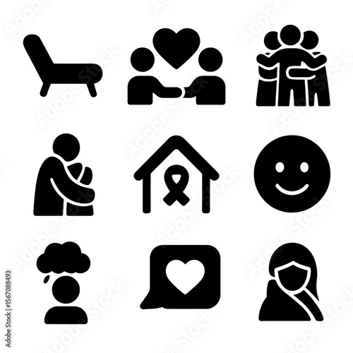 Mental Health Icons. Solid, filled icon set of mental health peer support: therapy couch, empathy icon, group hug, mental health