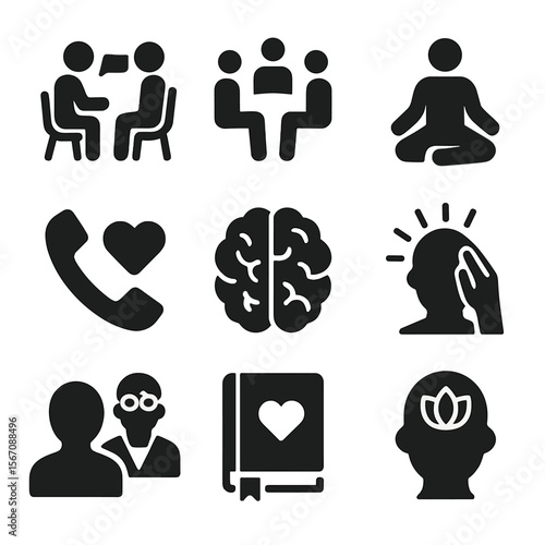 Mental Health Icons. Solid, filled icon set of mental health support: counseling, support group, meditation, helpline phone, brain