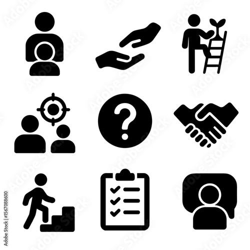 Peer Mentoring Icons. Solid, filled icon set of peer mentoring programs: mentor figure, helping hand, growth ladder, shared goal,