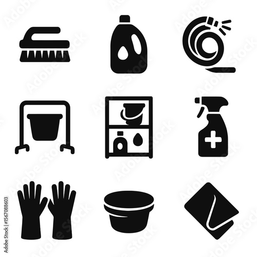 Feed Bucket Cleaning Icons. Solid, filled icons set of cleaning and maintenance of feed buckets: scrub brush,