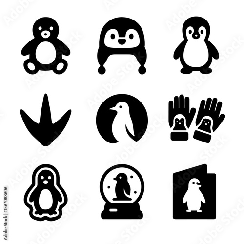 Penguin Icon Trio. Solid, filled icon set of penguin-themed objects: penguin plush toy, penguin hat, cartoon penguin, penguin