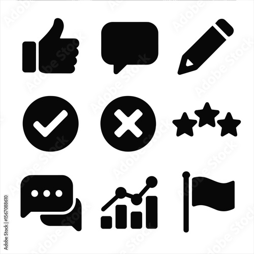 Feedback Icons Grid. Solid, filled icons set of feedback and review systems: thumbs up, comment box, edit