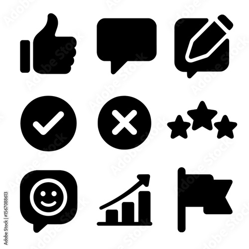 Feedback Icons Grid. Solid, filled icons set of feedback and review systems: thumbs up, comment box, edit