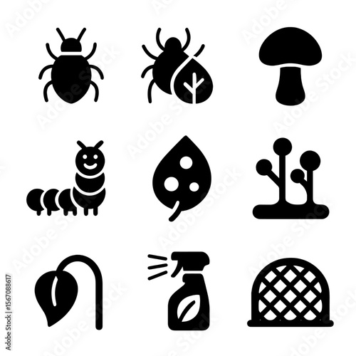 Pepper Plant Pest Icons. Solid, filled icon set of pepper plant pests and diseases: aphids, spider mites, fungus, caterpillar,