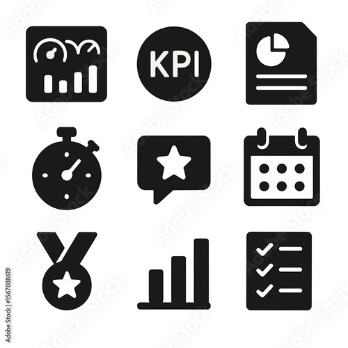 Performance Tracking Icons. Solid, filled icon set of performance tracking: dashboard, KPI, report, stopwatch, feedback, calendar,