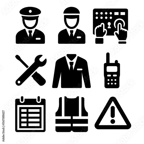 Metro Icon Set. Solid, filled icon set of Metro staff and operations: train driver, station attendant, control panel, maintenance