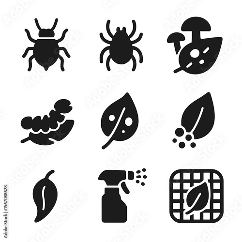 Pepper Plant Pest Icons. Solid, filled icon set of pepper plant pests and diseases: aphids, spider mites, fungus, caterpillar,