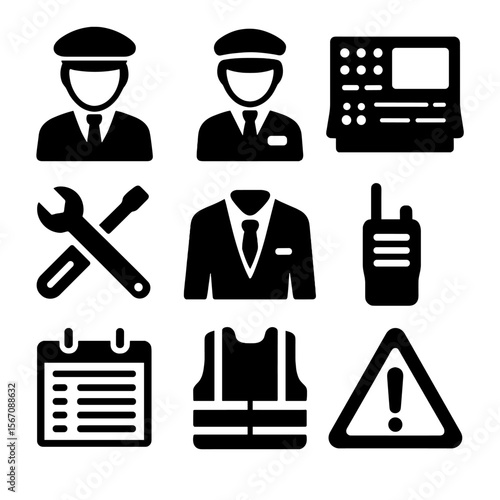 Metro Icon Set. Solid, filled icon set of Metro staff and operations: train driver, station attendant, control panel, maintenance