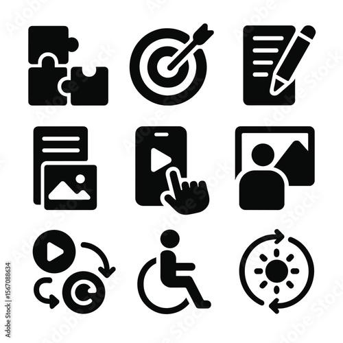 Microlearning Design Icons. Solid, filled icon set of microlearning design principles: modular content, clear objectives, concise