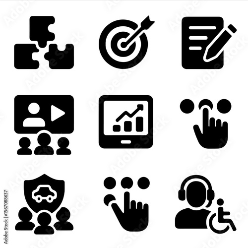Microlearning Design Icons. Solid, filled icon set of microlearning design principles: modular content, clear objectives, concise