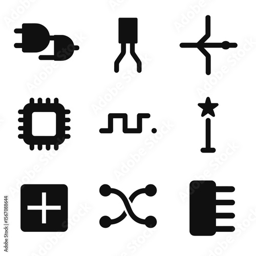 Microprocessor Icon Set. Solid, filled icon set of microprocessor design: logic gates, transistor, circuit design, chip, clock
