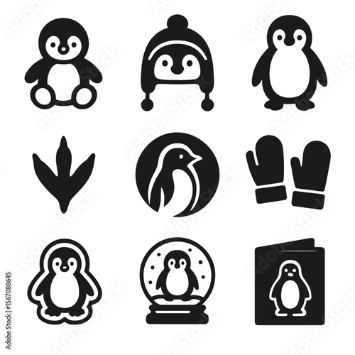 Penguin Icon Trio. Solid, filled icon set of penguin-themed objects: penguin plush toy, penguin hat, cartoon penguin, penguin