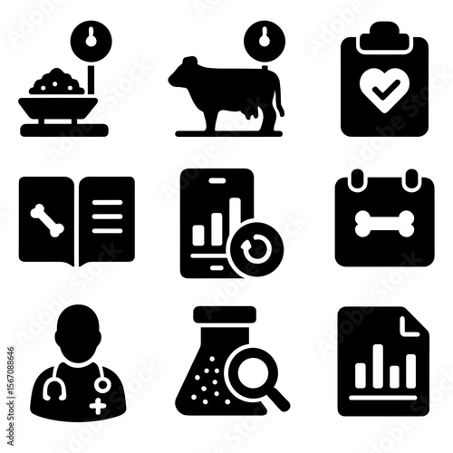 Feeding Management Icons. Solid, filled icons set of feeding monitoring and management: feed scale, animal