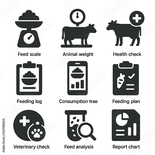 Feeding Management Icons. Solid, filled icons set of feeding monitoring and management: feed scale, animal