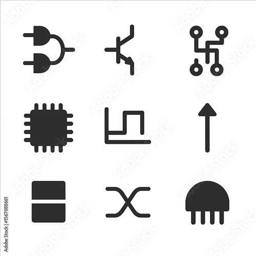 Microprocessor Icon Set. Solid, filled icon set of microprocessor design: logic gates, transistor, circuit design, chip, clock
