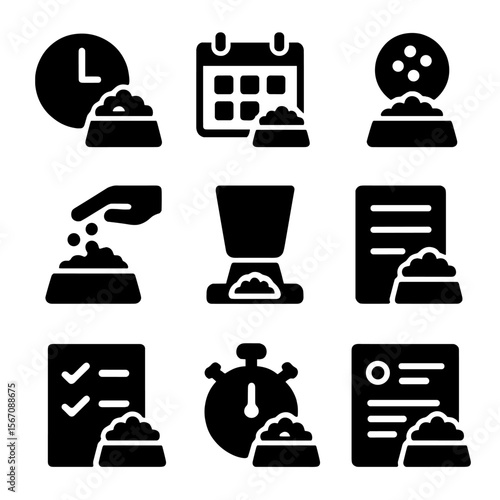 Feeding Routine Icons. Solid, filled icons set of feeding routines and schedules: feeding time clock, calendar