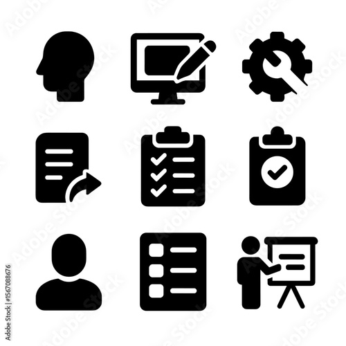 Instructional Design Icons. Solid, filled icon set of Instructional design process: analysis, design, development, implementation,