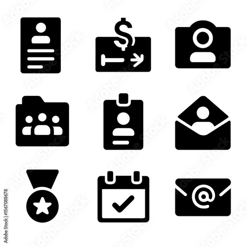 Insurance and Crop Icons. Solid, filled icon set of employer-sponsored insurance: HR document, payroll deduction, company logo