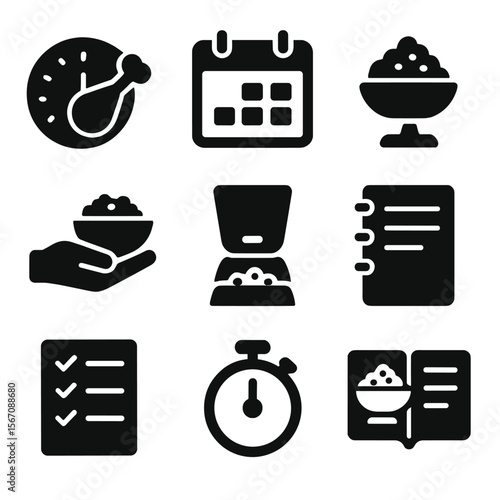 Feeding Routine Icons. Solid, filled icons set of feeding routines and schedules: feeding time clock, calendar