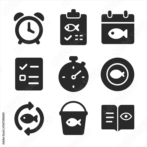 Feeding Routine Icons. Solid, filled icons set of feeding routines and schedules: alarm clock, feeding chart,