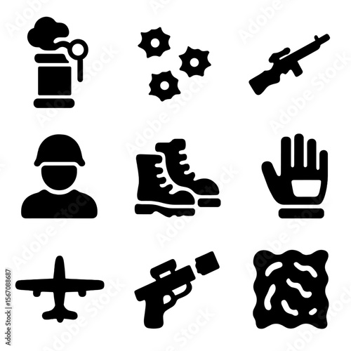 Military Icons Grid. Solid, filled icon set of storming enemy territory: smoke grenade, bullet holes, sniper rifle, soldier