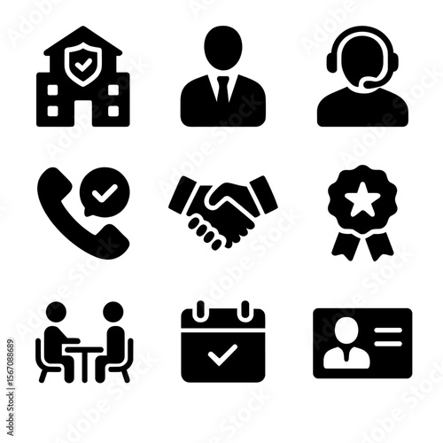 Insurance and Harvest Icons. Solid, filled icon set of insurance providers and agents: insurance company building, advisor figure,