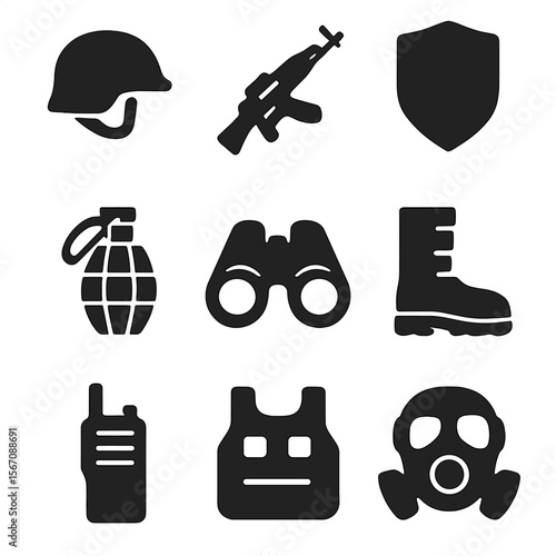 Military Icon Set. Solid, filled icon set of storming enemy territory: soldier helmet, assault rifle, grenade, shield, binoculars,