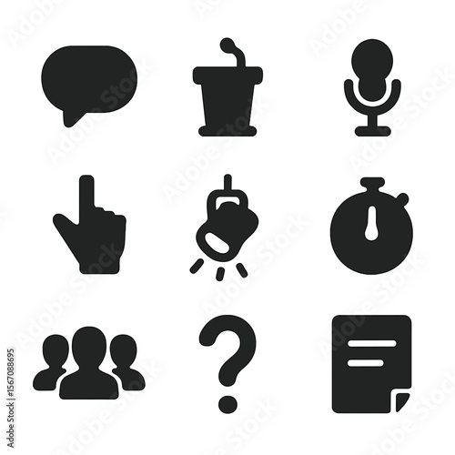 Persuasive Speech Icons. Solid, filled icon set of persuasive speech: speech bubble, podium, microphone, hand gesture, spotlight,