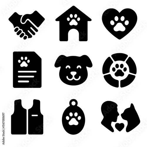 Pet Adoption Icons. Solid, filled icon set of pet adoption and rescue: handshake with paw, shelter building, heart paw, adoption