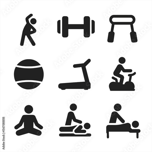Physical Therapy Icons. Solid, filled icon set of physical therapy and exercise: stretching figure, dumbbells, resistance band,