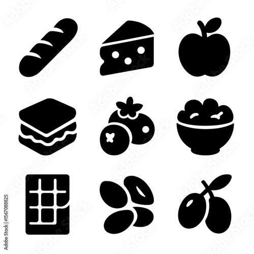 Picnic Food Icons. Solid, filled icon set of picnic food items: baguette, cheese wedge, apple, sandwich, berries, salad bowl,