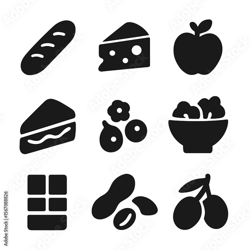 Picnic Food Icons. Solid, filled icon set of picnic food items: baguette, cheese wedge, apple, sandwich, berries, salad bowl,