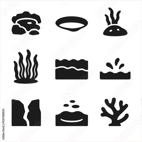 Intertidal Zone Icons. Solid, filled icon set of intertidal zone habitats: rocky pool, sandy basin, algae-covered rock, kelp patch