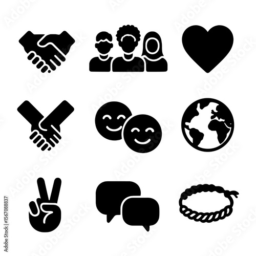 Interracial Friendship Icons. Solid, filled icon set of interracial friendship: handshake, group of diverse people, heart, linked