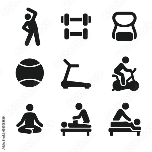 Physical Therapy Icons. Solid, filled icon set of physical therapy and exercise: stretching figure, dumbbells, resistance band,